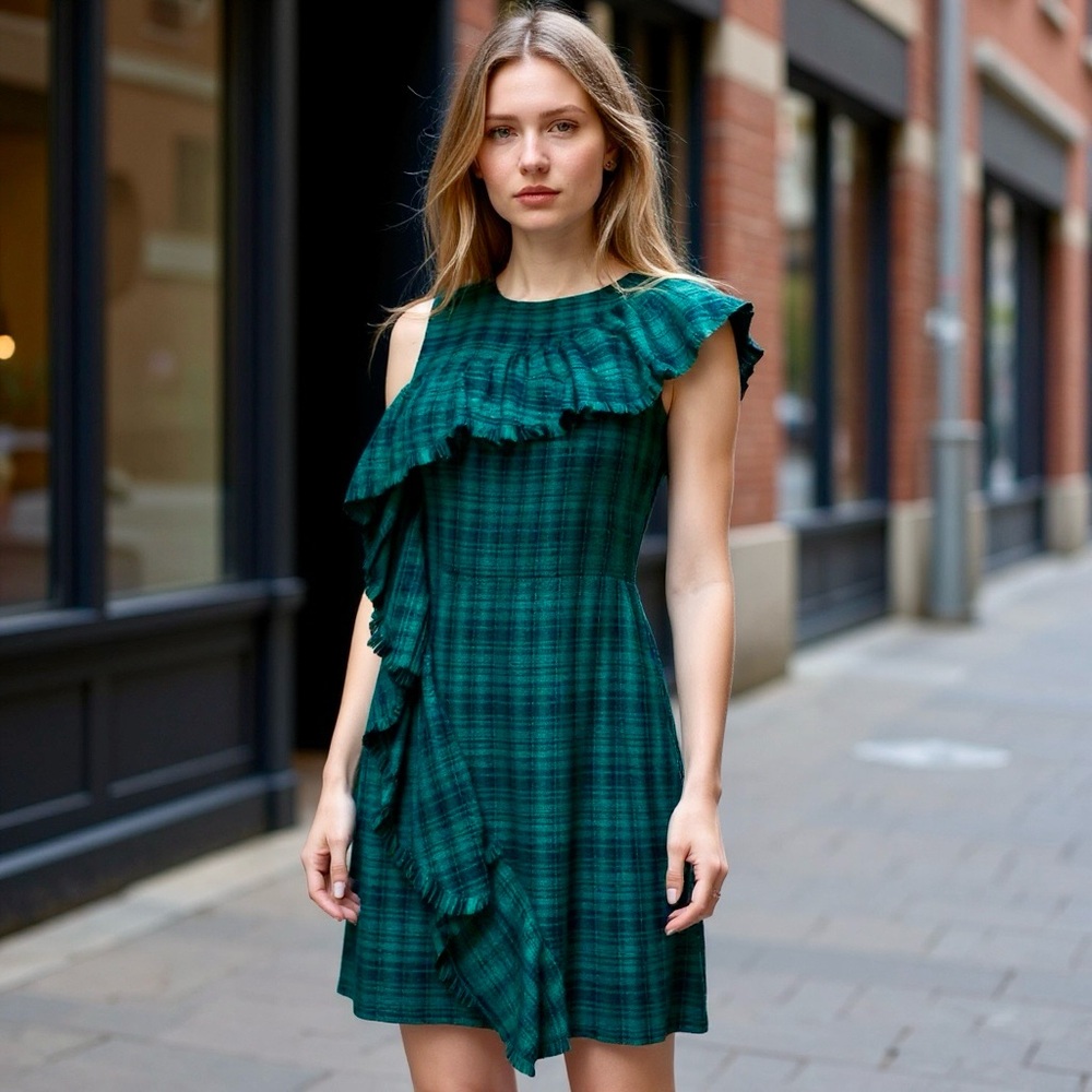 Chelsea28 Green Plaid Ruffle One-Shoulder Dress